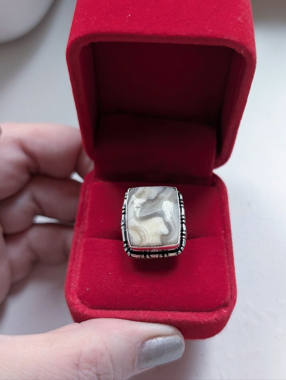 Vintage Sterling Lace Agate Ring Size 6.5